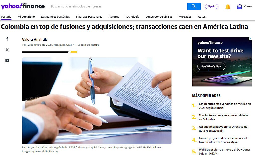 Colombia en top de fusiones y adquisiciones; transacciones caen en Amrica Latina